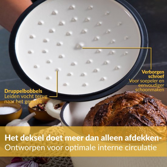 Gietijzeren Pan Chefarone 4.7L - PFAS vrij - Braadpan Inclusief Deksel - Kookpan voor alle Warmtebronnen - Kookpot Ø 26CM - Geëmailleerd Creme Wit - Cadeau voor vrouwen