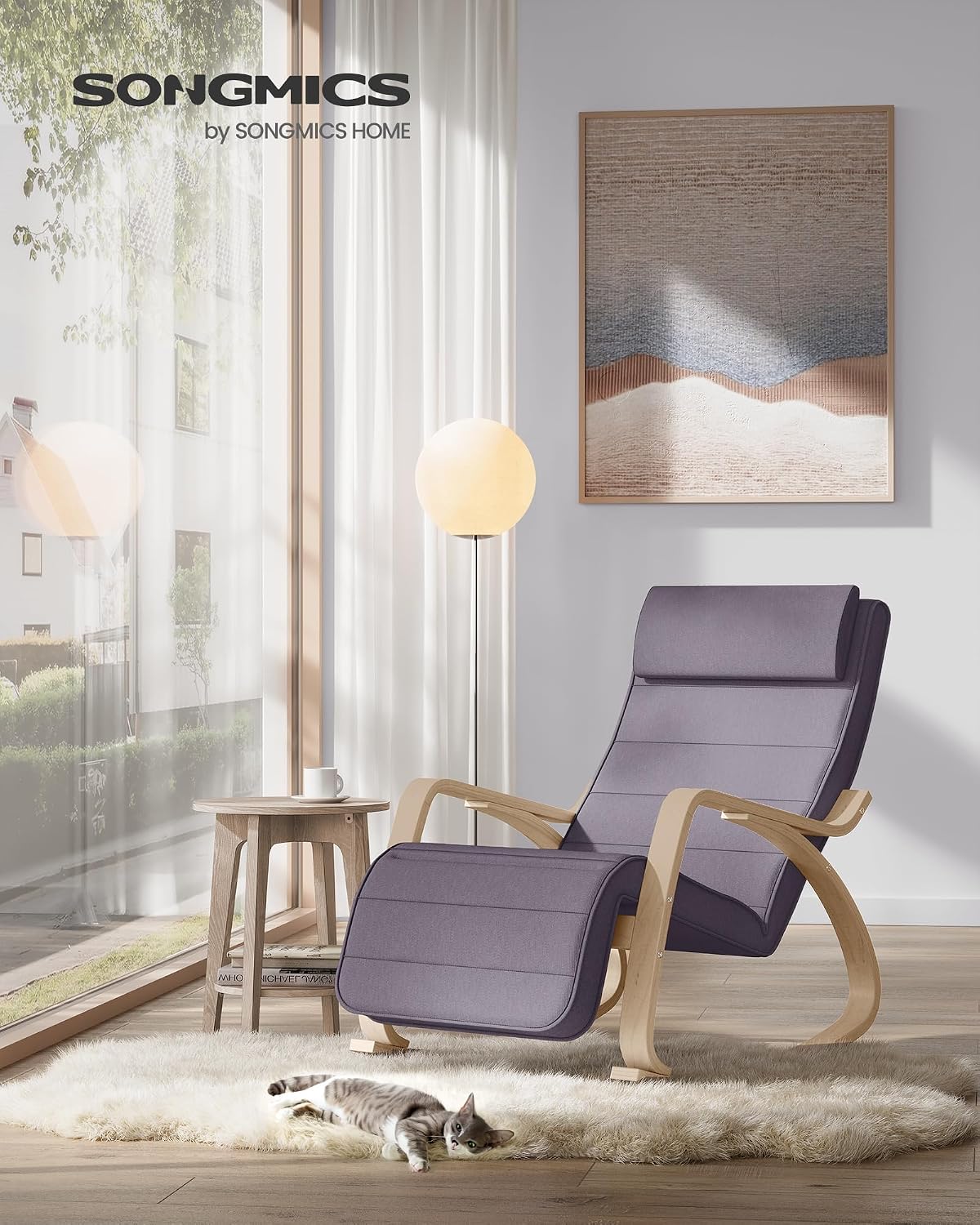 Songmics Schommelstoel - Berkenhout - 5-voudig Verstelbare Voetensteun - 121,5 x 67 x 84 cm - Grijs/Beige