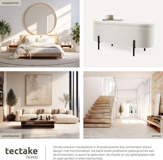 tectake® Zitbank met opbergruimte - Gestoffeerde opbergbox - Zitkist met opbergruimte, gestoffeerd - Bouclé-stof in Scandi-stijl - 97x36x42cm - cremewit