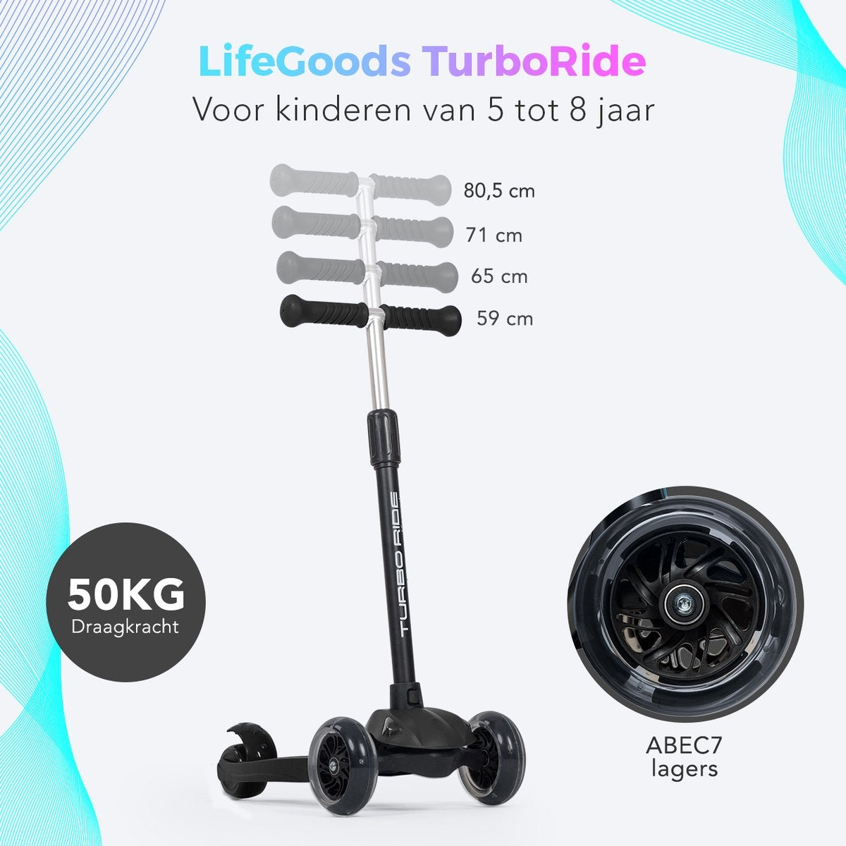 LifeGoods TurboRide Kinderstep - Stap 5-8 Jaar - 3 Lichtgevende Wielen - Jongens/Meisjes - Zwart