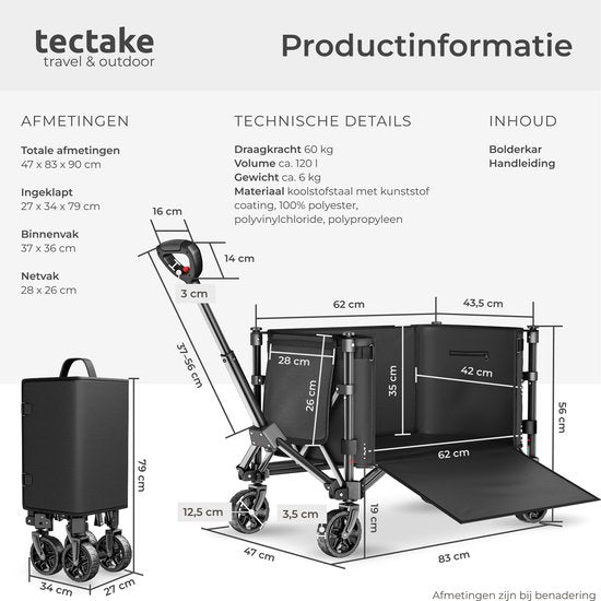 tectake® Bolderkar - Opvouwbaar - 60 kg Draagkracht - Draaibare Massieve wielen - 47 x 83 x 90 cm - Bolderkarren - Bolderwagen - Met Verstelbare Duwstang - Handkar - Waterafstotende Transportwagen - Met Legplank en Binnenvak