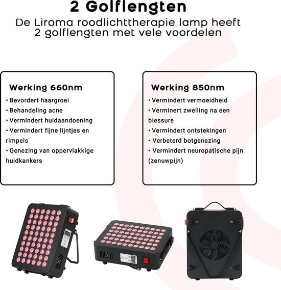 LIROMA® Roodlichttherapie - 2 Golflengten - Timer - LED Infraroodlamp - Infraroodtherapie - Rood licht therapie - Collageen Lamp - Fibromyalgie - Lichttherapie