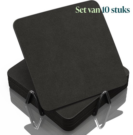 Castagnola Kunstlederen Onderzetters – Onderzetters voor Glazen – Design Onderzetters met Houder – Leren Onderzettersset met metalen houder – Leder – Set van 10 - Zwart - 10x10cm