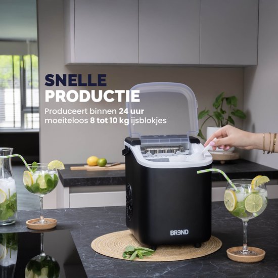 BREND BR-2213 IJsblokjesmachine met Schep en Lekbak - Grote L of Kleine S Ijsklontjes - Draagbare IJsblokjesmaker – 10 kg in 24 uur - Zwart