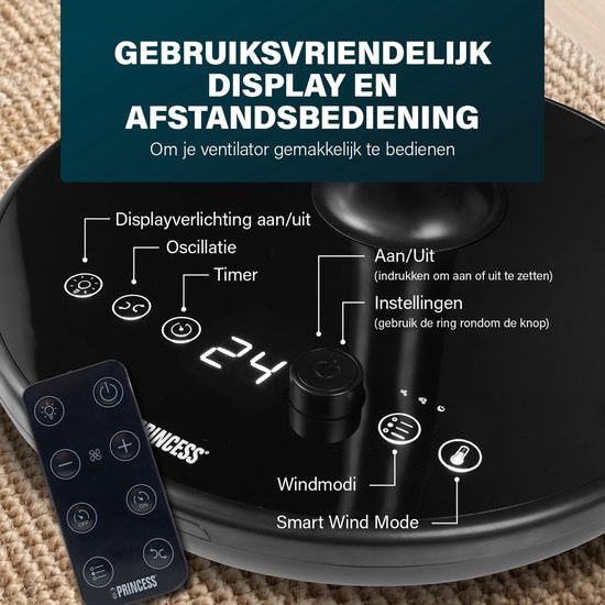 Princess DC Staande Ventilator - Extra Stil - ⌀40cm - 24 snelheden - In Hoogte Verstelbaar – 4 windmodi – 1‑24 uur timer – 90° Oscillatie – Met Afstandsbediening - 354860