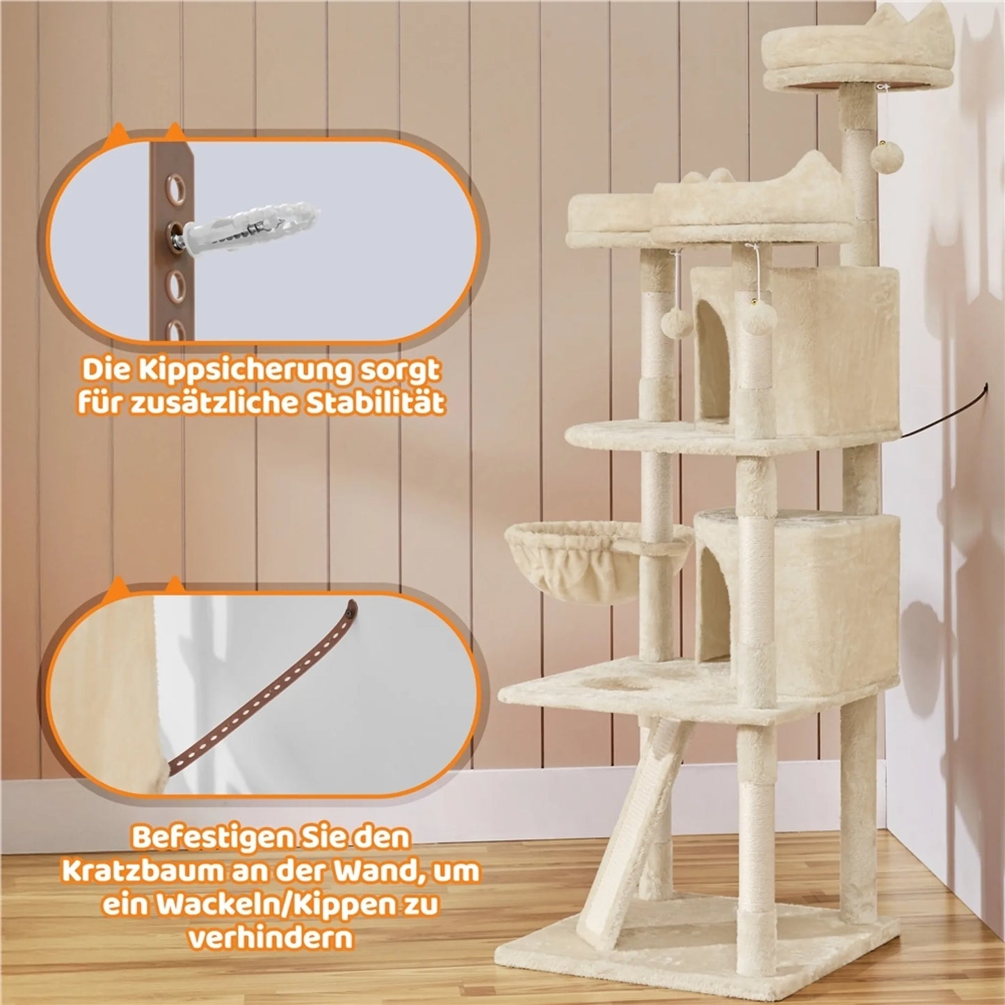 Yaheetech Krabpaal XXL Met 3 Uitkijkplatformen – Voorzien Van 2 Kattenholen En Krabplank En Anti-kantelsysteem – Voor Huishoudens Met Meerdere Katten – Beige Pluche En Sisal – 55,5 x 55,5 x 175 cm