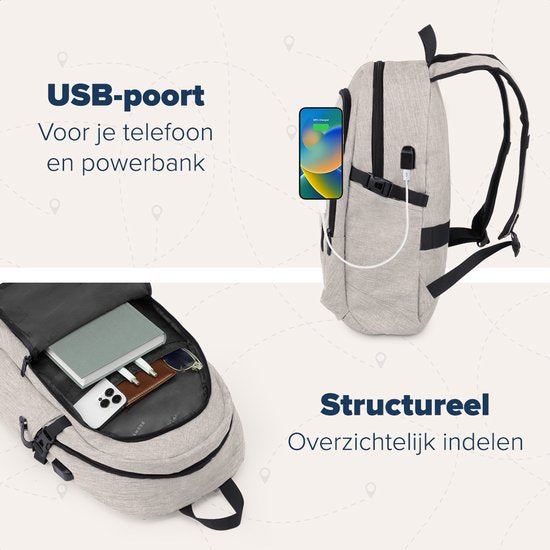 TRVLMORE Rugtas - 25L - 15,6 Inch - Laptop Rugzak met USB - Schooltas - Heren en Dames - Tas Champagne