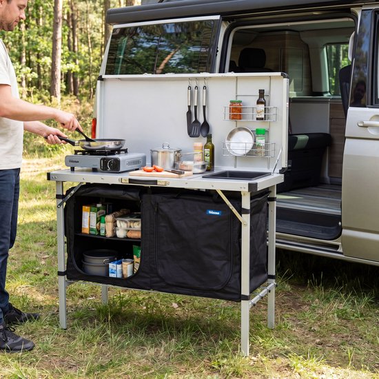 Tristar Campingkeuken – Opvouwbaar - 100x50cm – Met Gootsteen – Aluminium Frame - Campingkast en Buitenkeuken – Inclusief Draagtas – Verstelbare Poten - KI-0825