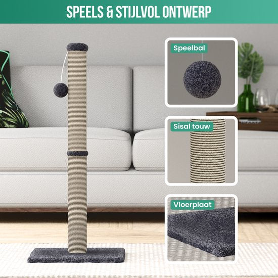 Avalo Krabpaal met Speelballetje - 36x36x74 cm Donkergrijs - Krabpaal voor Katten - Katten krabpaal