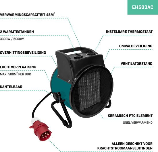 VONROC Elektrische kachel - ventilatorkachel - werkplaatskachel - krachtstroom 400V - 3300W/5000W - keramisch - thermostaat - voor ruimtes tot 48m2