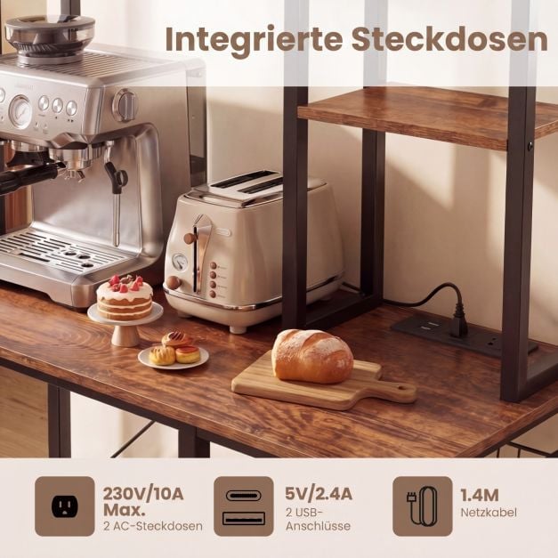 Coast 6-laags Keukenrek met Stopcontact - Magnetronrek met Uittrekbare Draadmand, 12 Haken en USB, 99 × 40 × 170 cm - Rustiek Bruin/Zwart