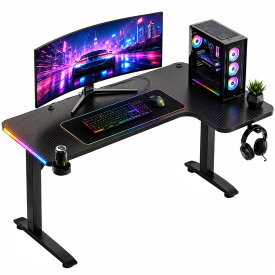 Avalo Gaming Bureau - 160x100x75 CM - L Vormig Hoekbureau - Game Desk Met LED Verlichting - Tafel - Zwart - Hoek Rechts