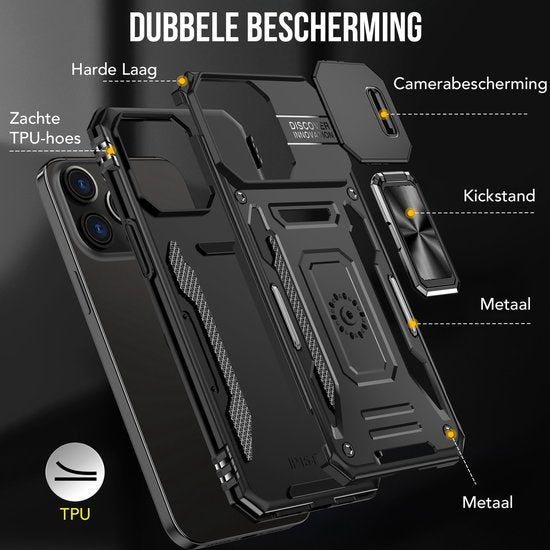 Podec Hoesje geschikt voor iPhone 15 Pro Max Zwart Telefoonhoesje - Anti-Shock Case Cover Hybrid Armor Hoes met Kickstand Ring met Screenprotector