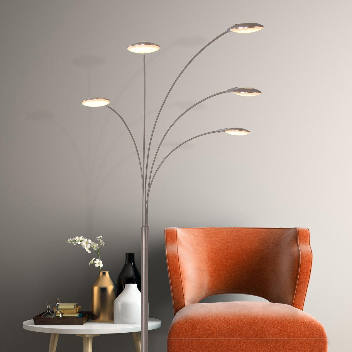Vloerlamp Synna 1327ST – Draaibaar, dimbare LED booglamp van staal en glas, Modern design, Mexlite, met 5 lichtbronnen (4.5W) en snoer van 235 cm