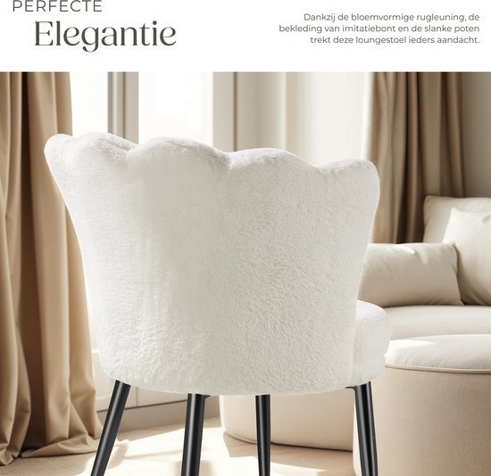 tectake® Fauteuil Stella - Kuipstoel met armleuning – Comfortabele Eetkamerstoel – Keukenstoel – Dikke vulling – Voor woonkamer en eetkamer – Met imitatiebont bekleding - crème/zwart
