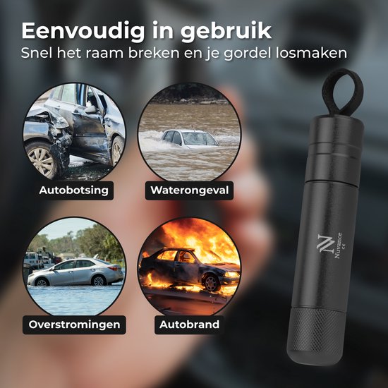 Nuvance Veiligheidshamer - Noodhamer - Incl. Zelfklevende Houder en Testglas - Gordelsnijder - Auto Hamer - Veilig Onderweg - Zwart