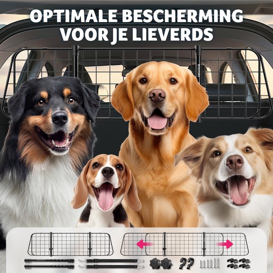 tectake® - Autohondenrek - Universeel met variabele breedte tot max. 154 cm - Kofferbakbescherming en scheidingsrooster - Incl. 2 veiligheidsgordels - Eenvoudige montage