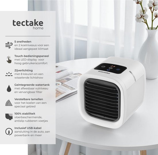 tectake® Aircooler Frosty met LED-Verlichting - 2 Koelstanden - 8W - 3-in-1 Luchtkoeler met Waterreservoir - Zonder Afvoerslang - Inclusief USB-Kabel en Trechter - Mini Airco - Wit