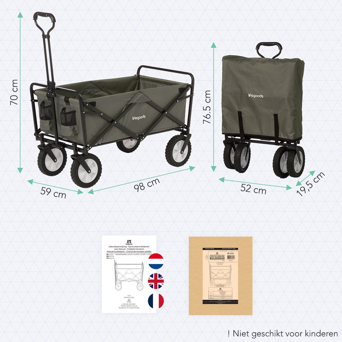 LifeGoods Bolderkar - Opvouwbaar - Draaibare wielen - 2 Standen - 70KG Draagkracht - Groen