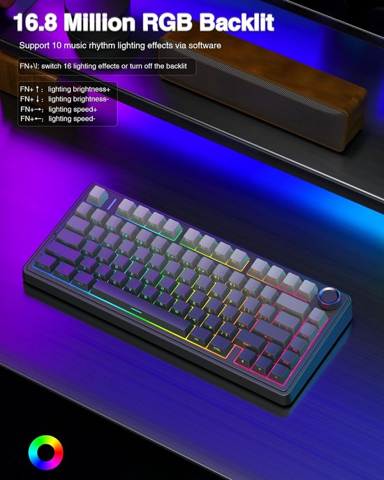AULA F75 Pro - Draadloze Gaming Toetsenbord - Mechanisch - Zij Bedrukte toetsen - Gasket - Hot Swap - Tri mode - QWERTY Toetsenborden- 80 Keys - Zwart Grijs