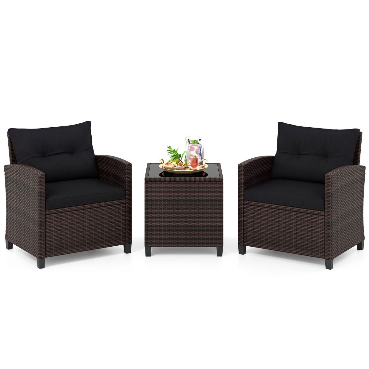 Coast 3-delige tuinset - rotan bistroset met 2 stoelen en tafel - gehard glas en kussens - zwart