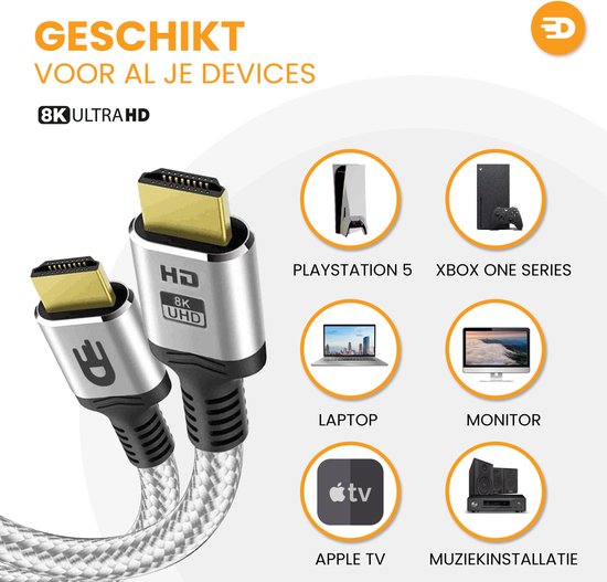 HDMI Kabel 2.1 - Ultra HD High Speed - HDMI naar HDMI - Geschikt voor Xbox Series X & PS5 - 1 meter - Nylon - Zilver Wit