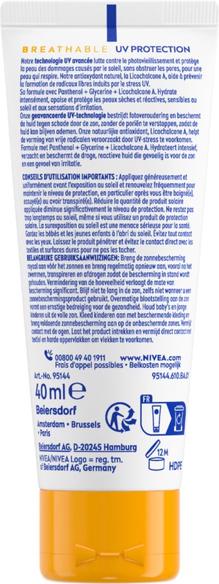 NIVEA SUN UV Face Senstive SPF50+ Zonnebrand Gezicht - Voor de Gevoelige Huid - Ademende, Niet Vette Formule - Parfumvrij - 40ml