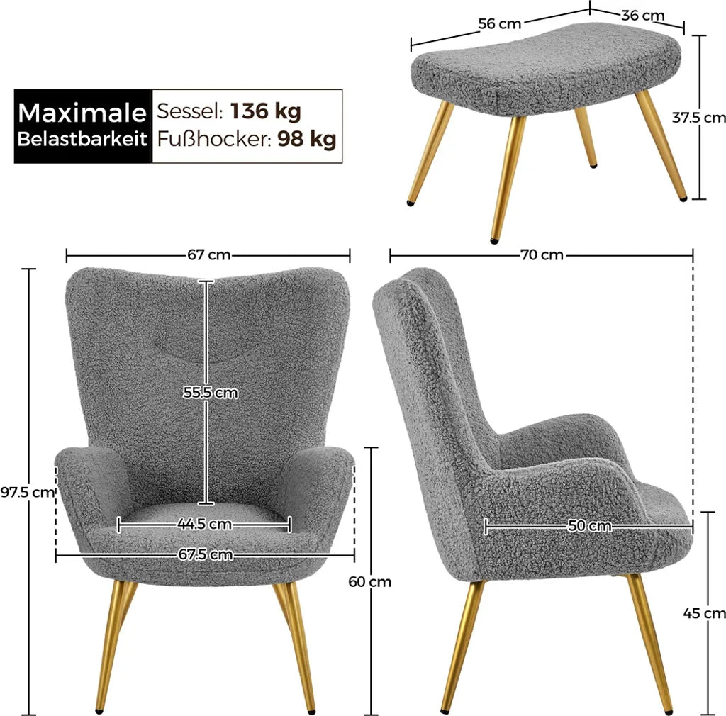 Yaheetech Wingback Stoel - Voetenbank - 70 x 67,5 x 97,5 cm – Grijs