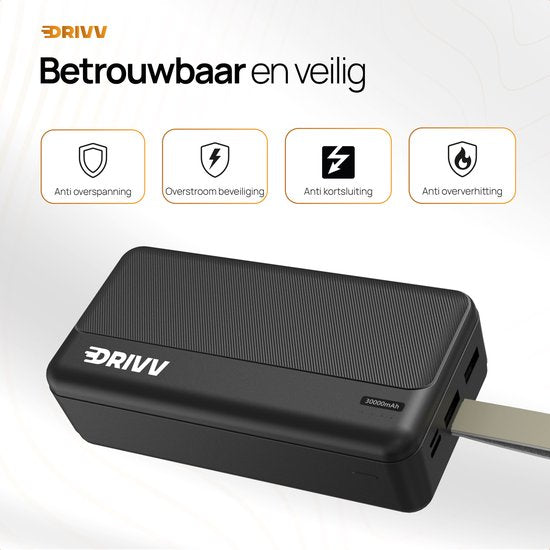 Drivv. Powerbank 30.000 mAh - 22,5W snellader - USB 3.0 - USB-C - Micro USB - Zwart