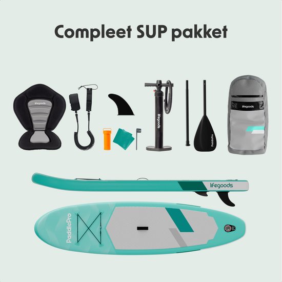 LifeGoods SUP Board Allround Compact - met Zitje - 100 KG Draagkracht - 300 x 76 cm - Opblaasbaar - Compleet SUP pakket - Mintgroen
