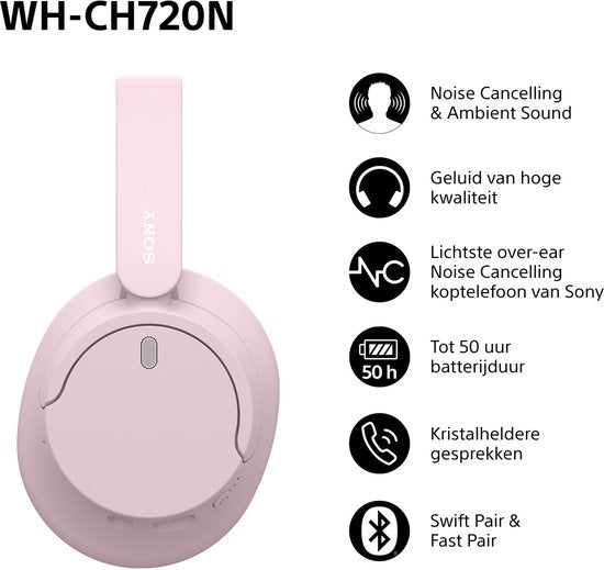 Sony WH-CH720N – Draadloze over-ear koptelefoon met Noise Cancelling - Roze