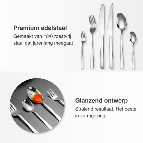 Deleca 12 Persoons Bestekset Essential (72-delig) - Lepels, Messen, Vorken, Steakmessen & Gebaksvorkjes - Vaatwasserbestendig Bestek - Glanzend Zilver / Edelstaal