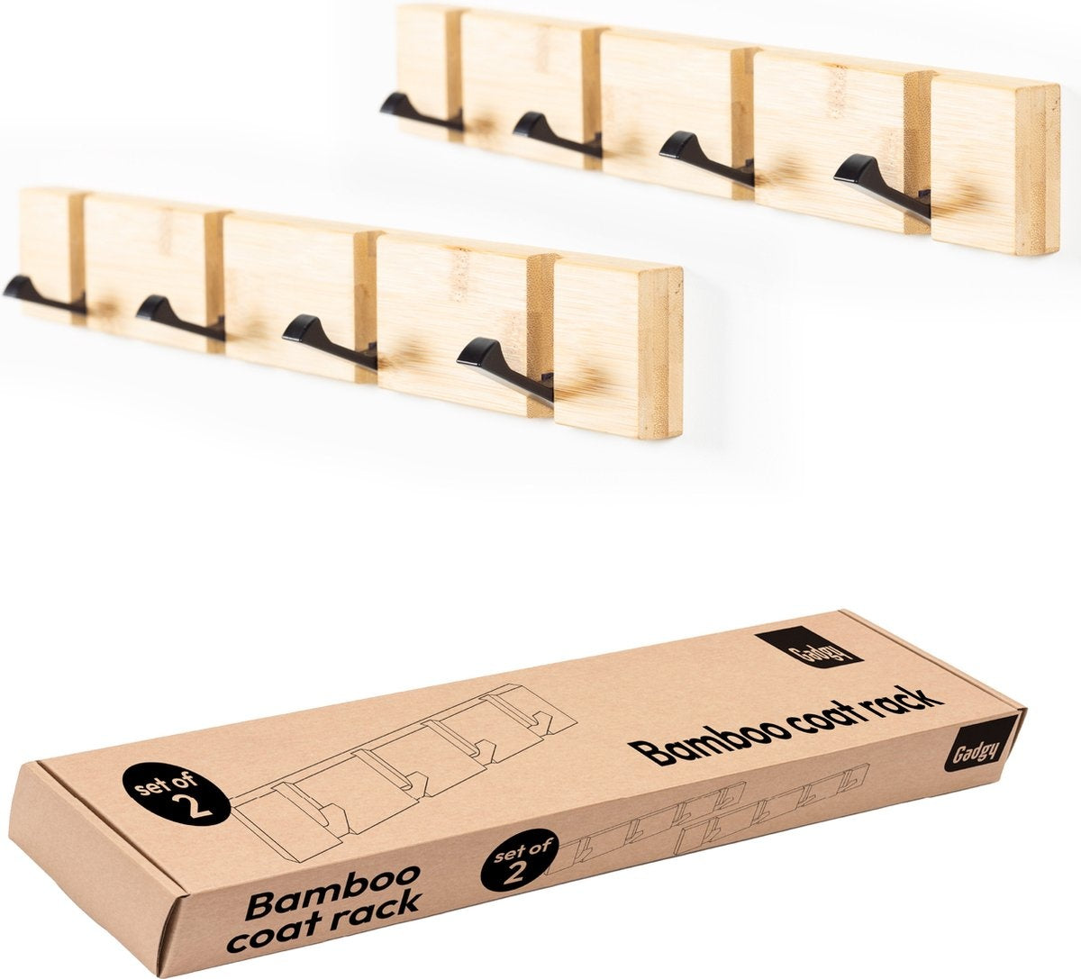Gadgy Kapstok Hangend - Wandkapstok Hout Wand - Kinderkapstok met 8 Inklapbare Haken Zwart - Muur Kleerhanger Bamboe - Set van 2 - Max. 15kg draagkracht