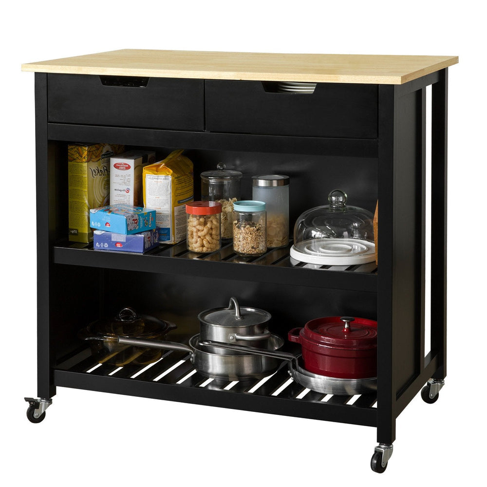 SoBuy  Keukentrolley op Wielen FKW74-SCH - 2 Lades & 2 Planken - 100x94x60 cm - Zwart