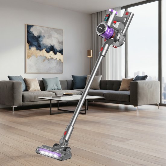 Brixy Steelstofzuiger Draadloos - 30 kPa Zuigkracht - 50 Min Gebruiktijd - Meerdere Filters - Kruimeldief - Draadloze Stofzuiger - Vacuum Cleaner - Grijs/Paars