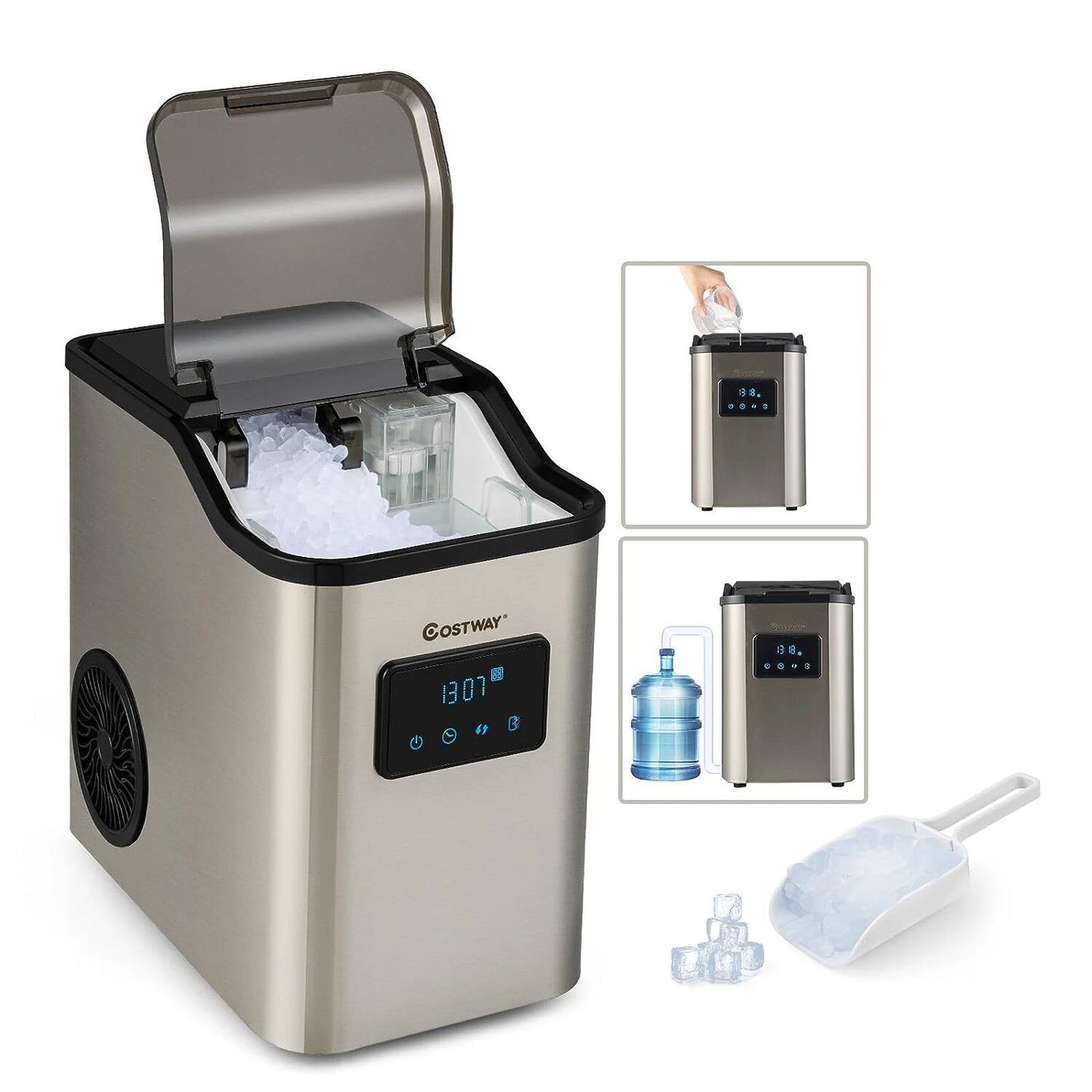 Coast Nugget Ijsblokjesmachine - Crushed Ice Maker - 24 kg/dag - 2,5L Watertank - Zilver - 38,5 x 24 x 38 cm