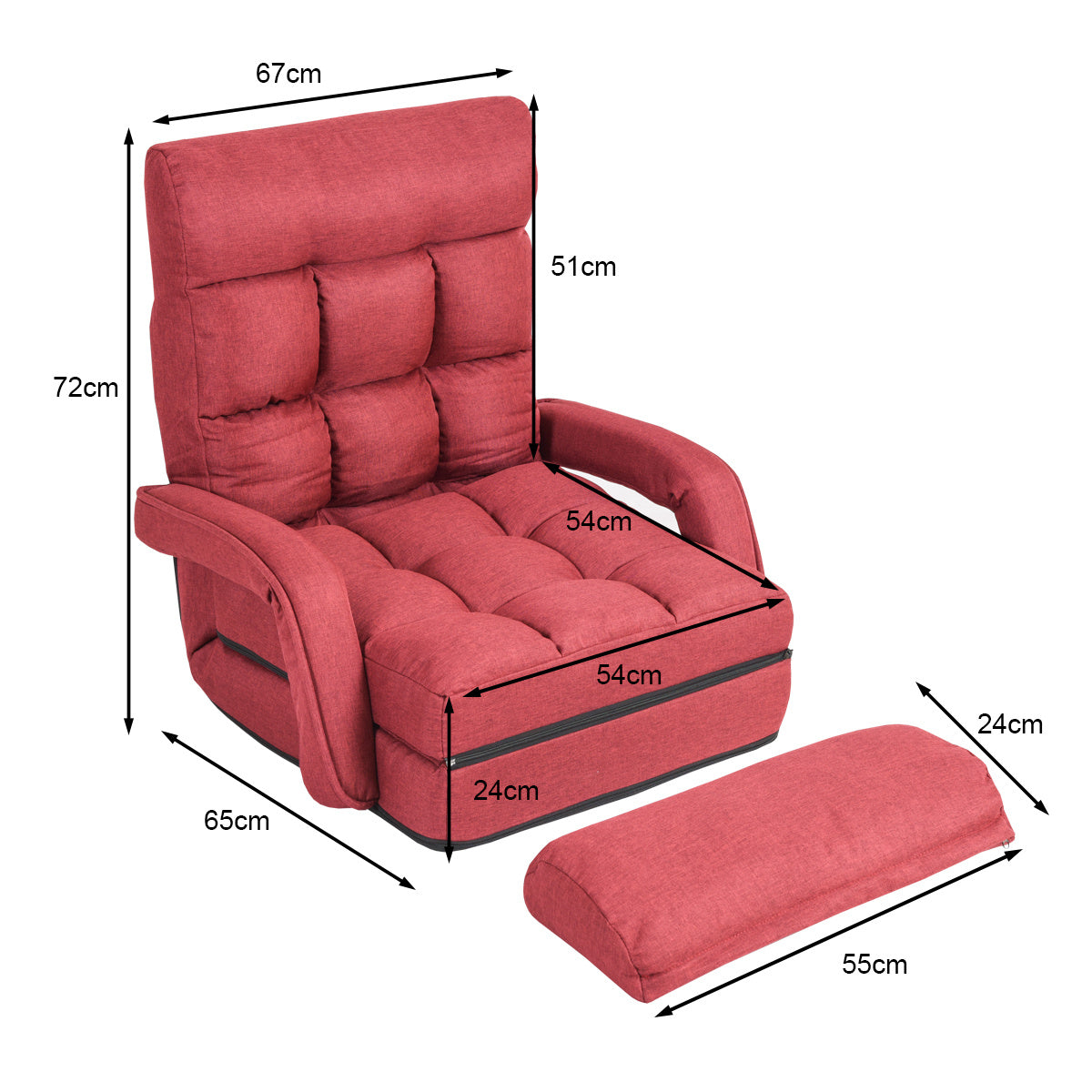Coast Vloerstoel Rood – 62 x 35 x 70 cm – Verstelbare Opvouwbare Relaxstoel met Kussen