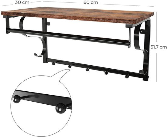 OSKAR Wandkapstok 60 x 30 x 31,7 cm - Plank/5 Haken/Kledingstang - Rustiek Bruin/Zwart