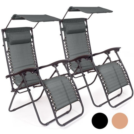 LifeGoods Opvouwbare Tuinstoelen - Verstelbaar Zonnescherm - Ligstoel Tuin - 2 Stuks - 30°-90° Verstelbaar - Metaal - Donkergrijs