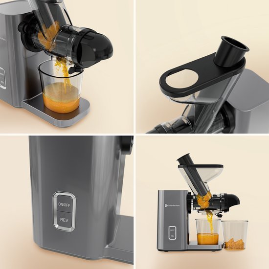 KitchenBrothers Slowjuicer - Mini Juicer - Groenten en Fruitpers - 40 mm en 50 mm invoer - 400 ml - Grijs