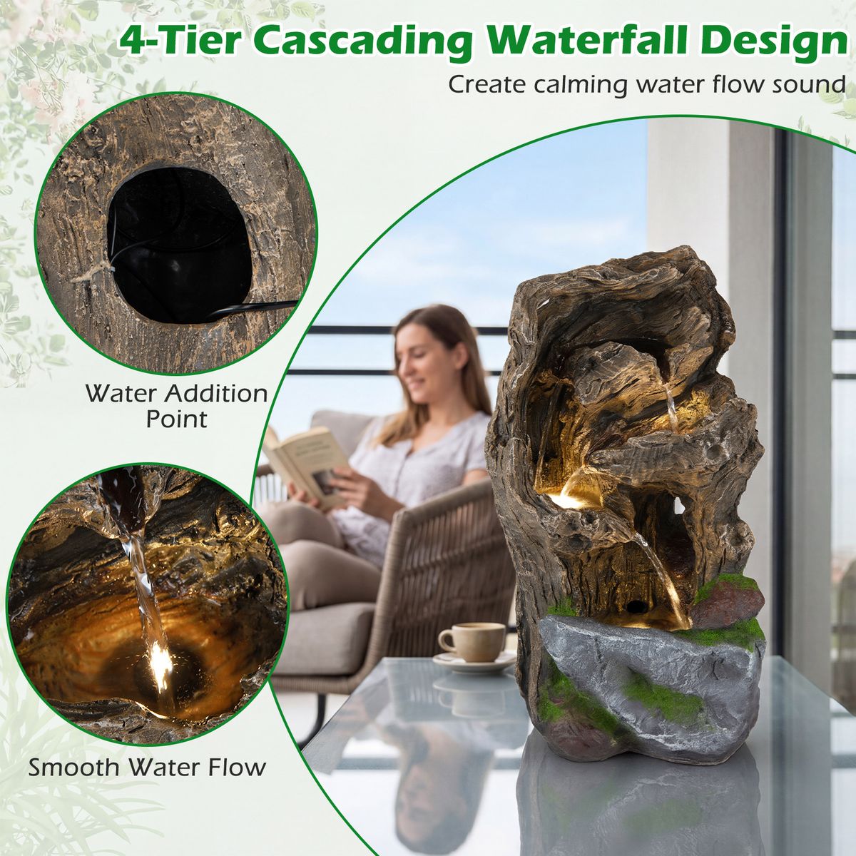Coast Tuinfontein met 4 niveaus - LED-verlichting - Weerbestendig - Bruin, 26 x 28 x 53 cm