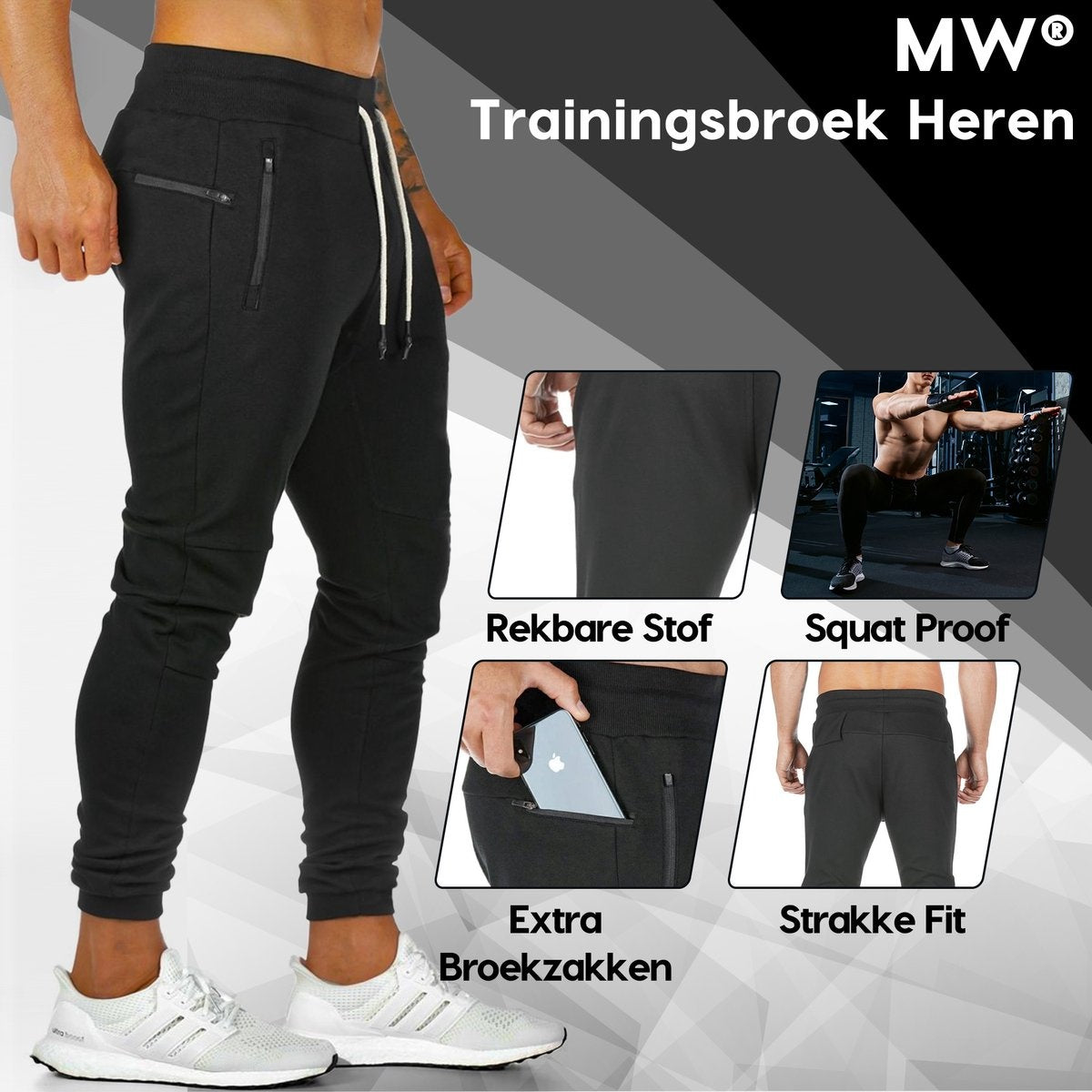 MW® - Trainingsbroek Heren - Joggingbroek Heren - Lange Sportbroek - Broek met Zakken - Maat XL