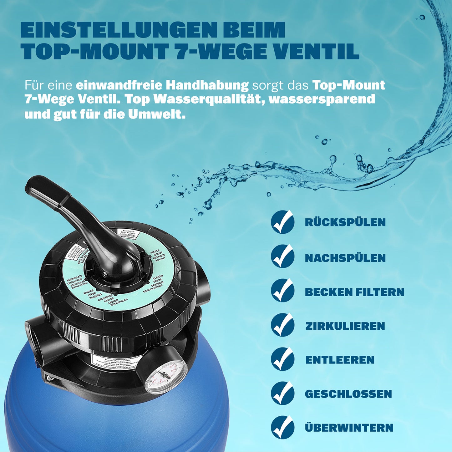 Monzana Zandfiltersysteem 10.200 l/h - 7 Wegklep Ø32-38mm Blauw