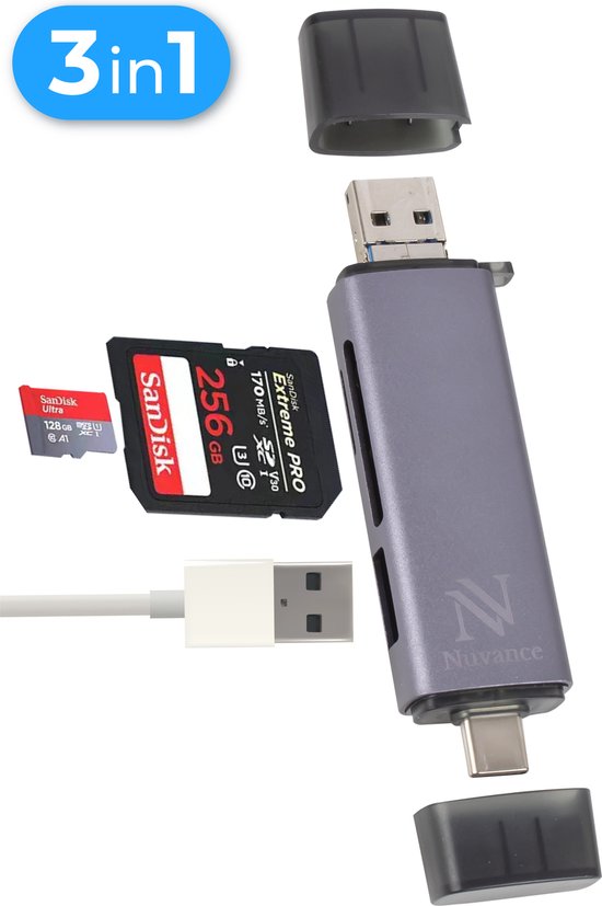 Nuvance - SD Kaart Lezer - USB Stick - SD Kaart Lezer USB C - Card Reader - Micro USB - Geheugenkaartlezer - Micro SD Adapter - SD Kaartlezer - Micro SD Kaart Lezer - USB 3.0 - Geschikt voor alle Smartphones & Computers