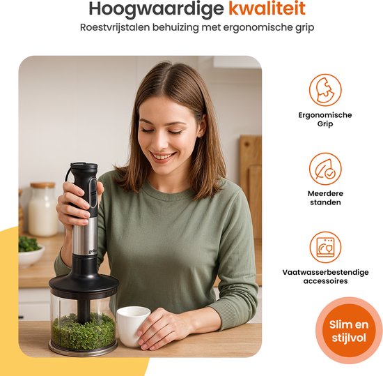 Goliving Staafmixer Set 5-in-1 - Hakmolen - Maatbeker - Garde - 1000W - Vaatwasserbestendige Accessoires - RVS - Zwart