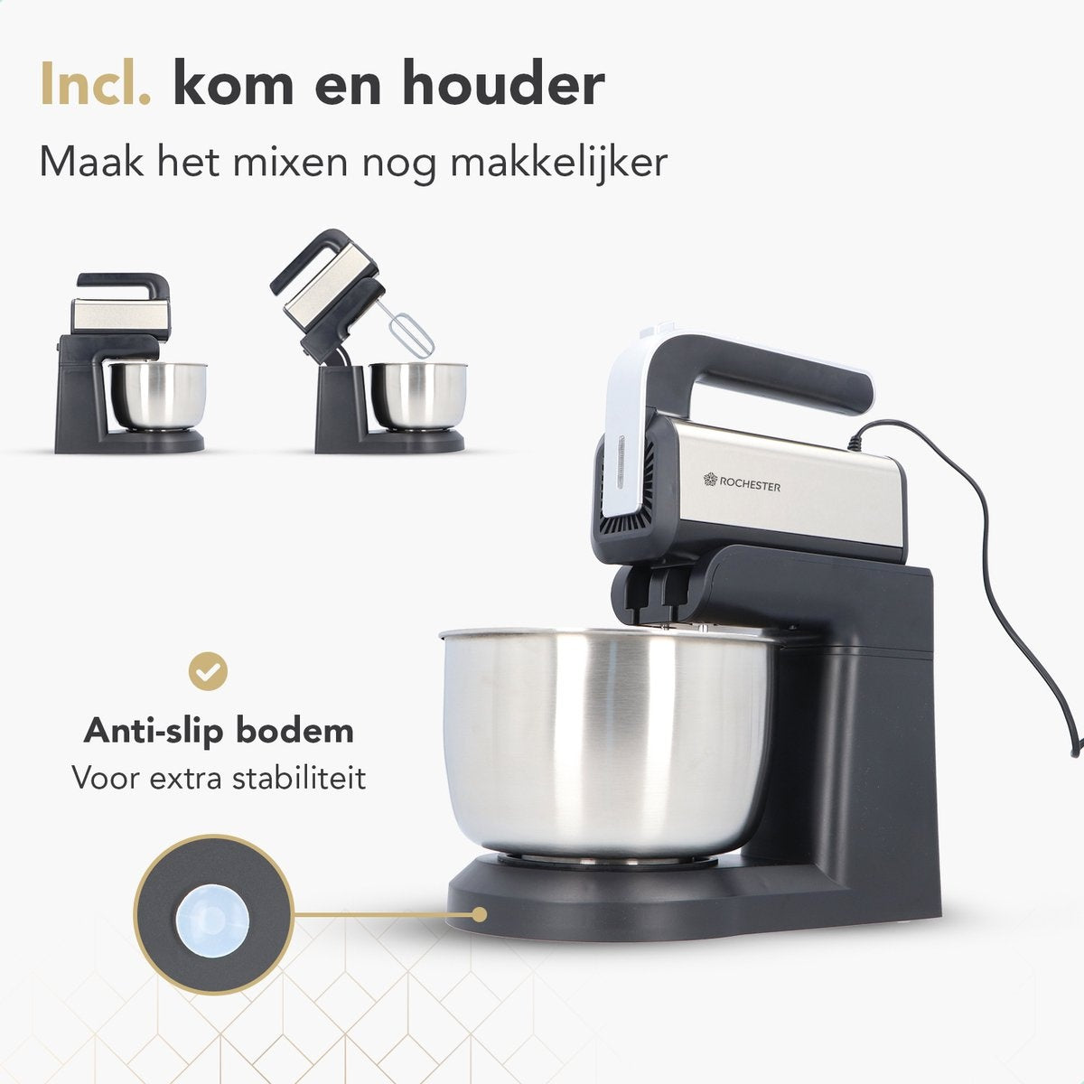 Rochester handmixer met mengkom - Keukenmachine - 5 Snelheden - Mixer Turbo - Incl. Kloppers, Deeghaken - RVS