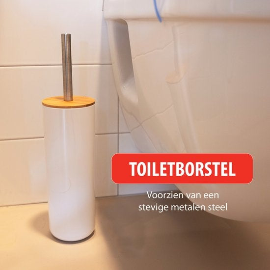 alpina Badkamerset - Toiletset - 6-Delig - Zeepdispenser - Tandenborstelhouder - Toiletborstel - Prullenbak - Zeepbakje - Beker - Bamboe - Wit
