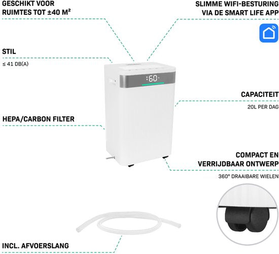 VONROC Luchtontvochtiger – 20L/dag – 4,5L watertank – Wifi & app-bediening – HEPA & Carbon Luchtfilter