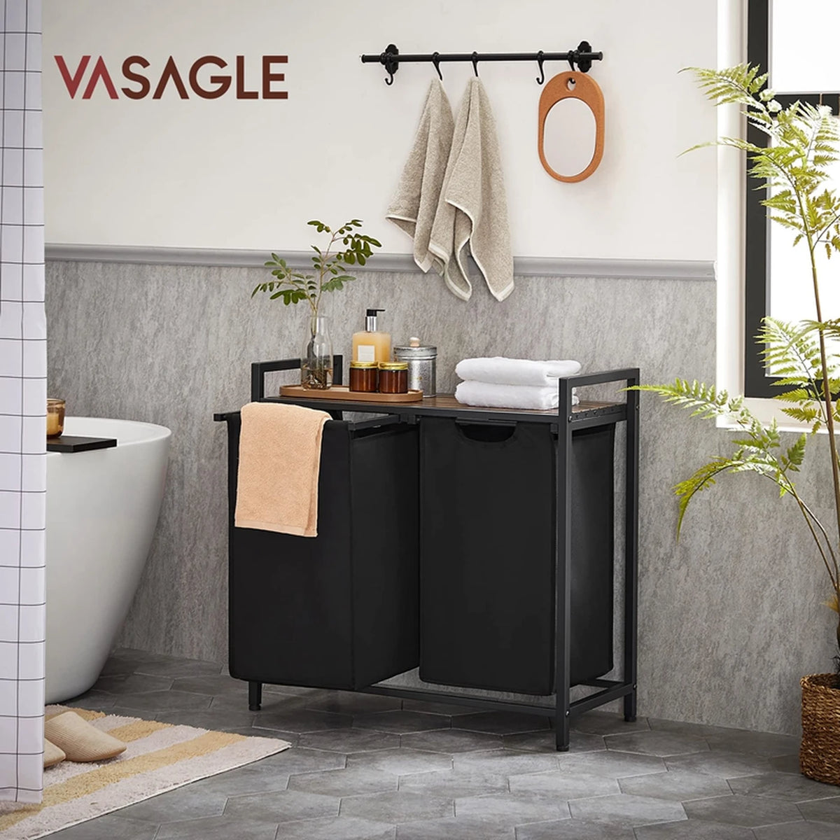 JOYFURNOS Wasmand met 2 Vakken - 2 x 46 Liter - 73 x 33 x 72 cm - Vintage Bruin-Zwart