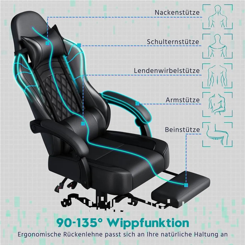 Yaheetech Gamingstoel 72 × 72 × 124,5–134 cm – Zwart – Ergonomische Gamestoel met Massagefunctie, Voetensteun en Verstelbare Hoogte